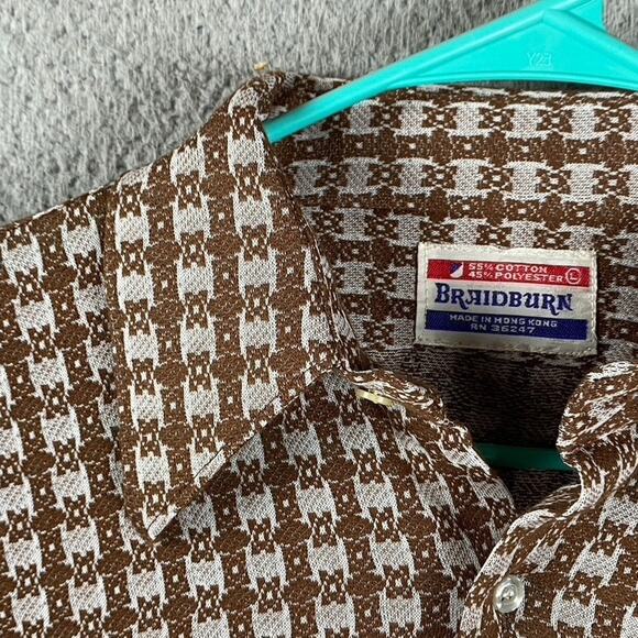 VTG Braidburn 1970s Short Sleeve Shirt Disco Retro Brown White Geometric - Picture 4 of 9